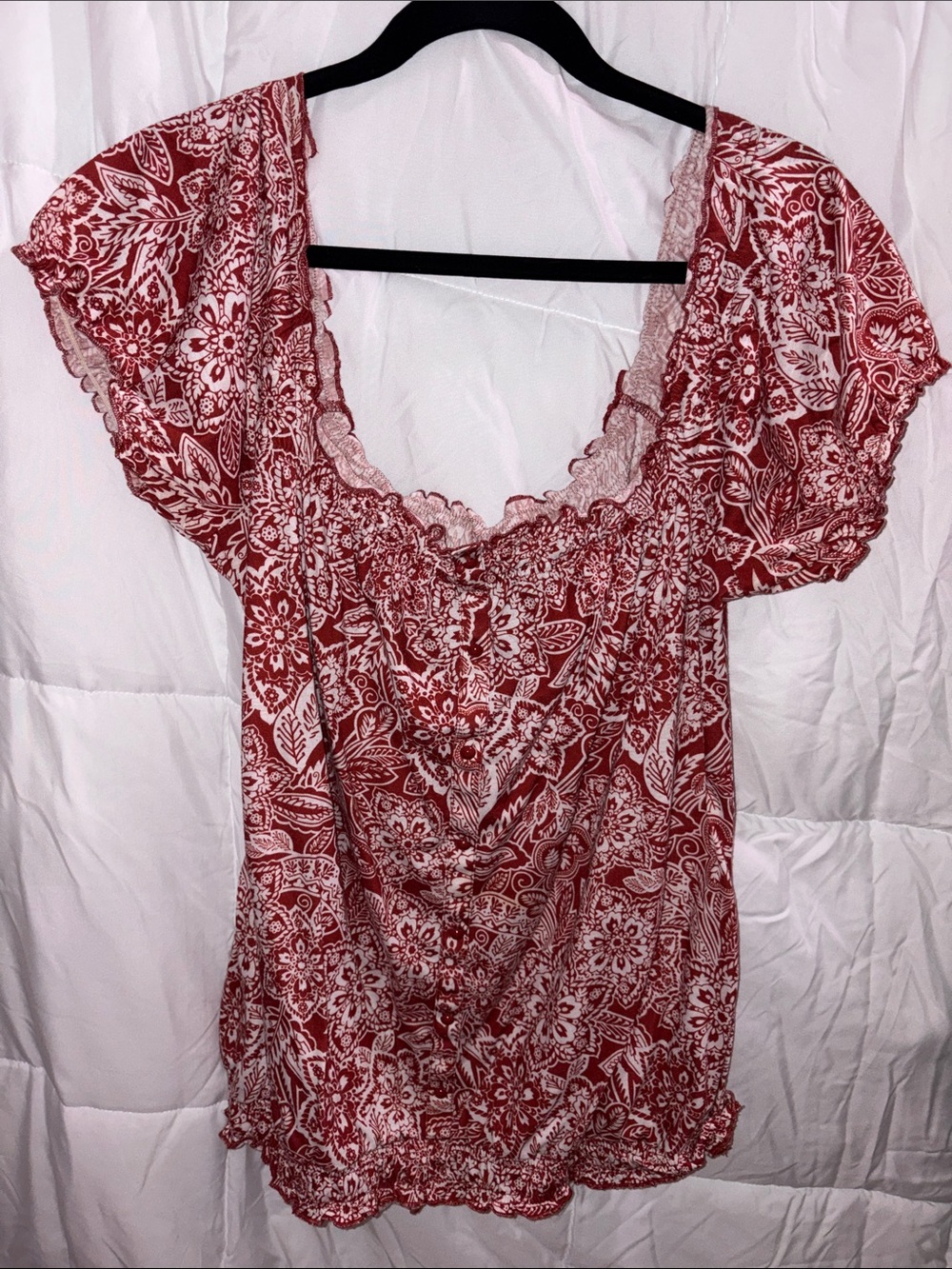 Weavers Red Floral Scoop-Neck Peasant Top